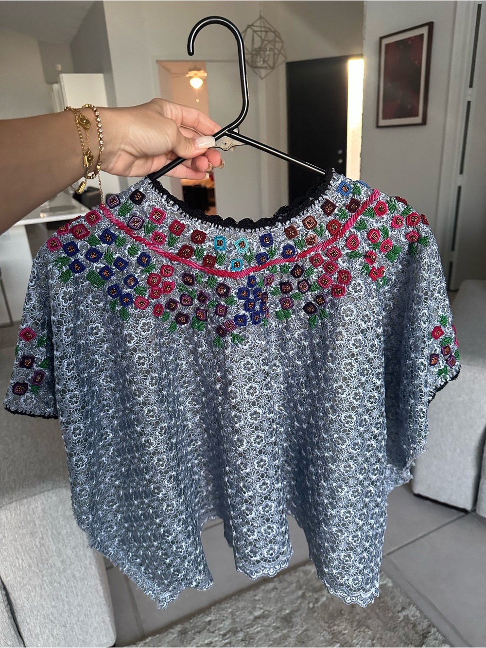 Embroidered Floral Lace Women's Top - Gray with Multicolor Accents